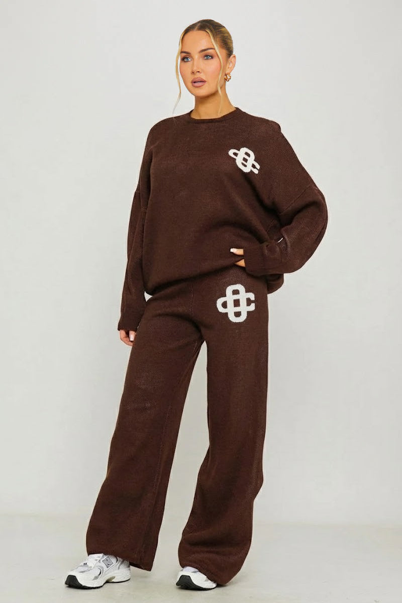 Brown Knit Oversized Swirl Detail Sweater & Joggers Co-Ord