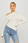 Cream Asymmetric One Shoulder Long Sleeve Top