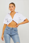 White Plunge Twist Front Short Sleeve Cropped Shirt