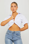 White Plunge Twist Front Short Sleeve Cropped Shirt