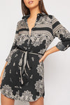 Black Paisley Print Long Sleeve Belted Shirt Dress