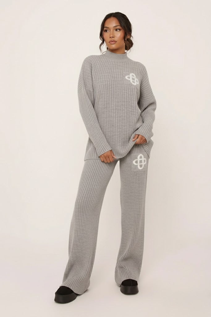 Light Grey Ribbed Knit Swirl Detail Loungewear Set