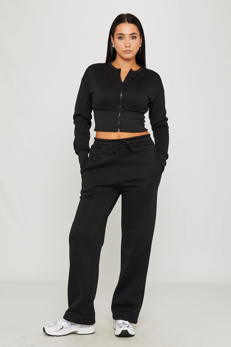 Black Cinched Waist Zip Jacket & Joggers Set