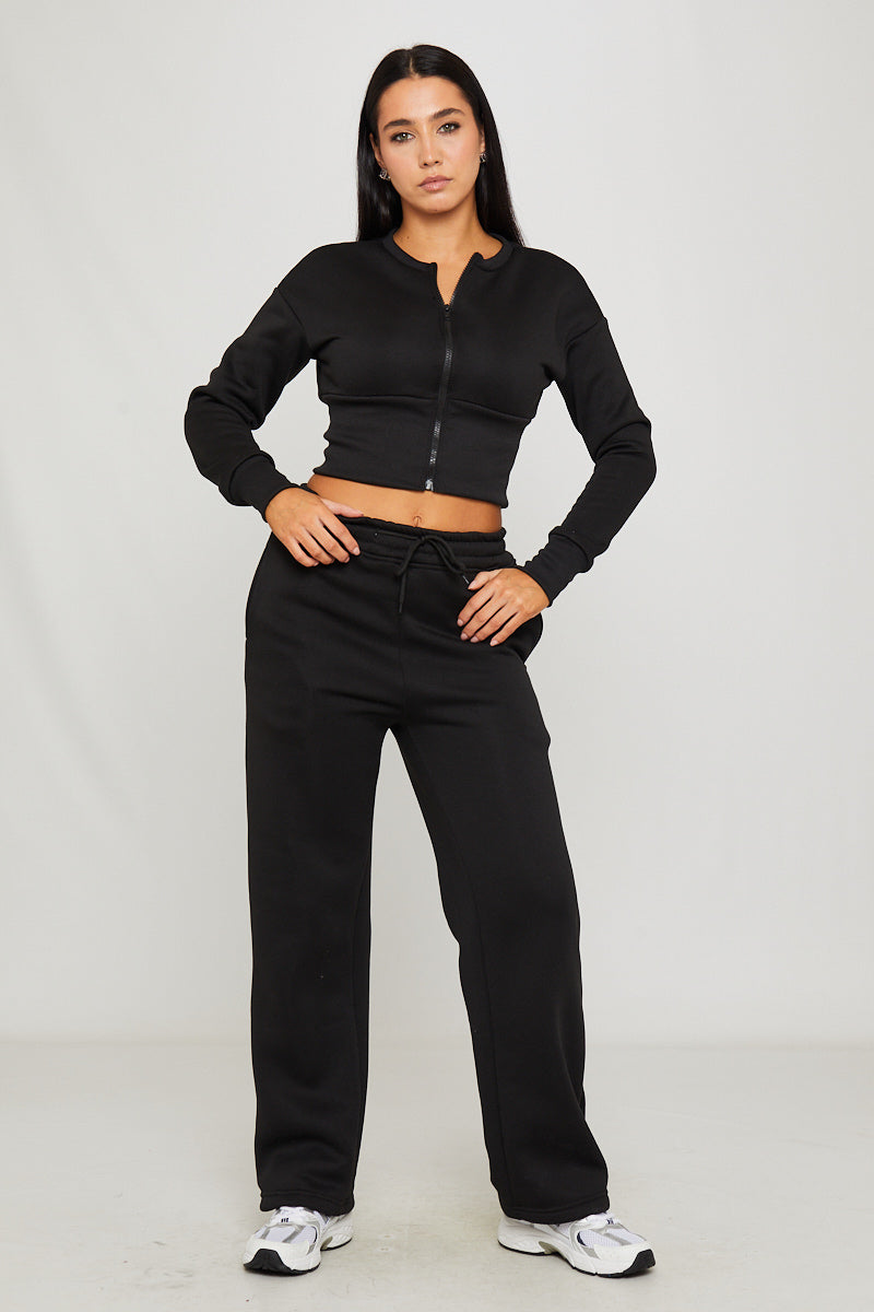 Black Cinched Waist Zip Jacket & Joggers Set