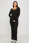 Black Rib Knit Square Neck Long Sleeve Jumpsuit