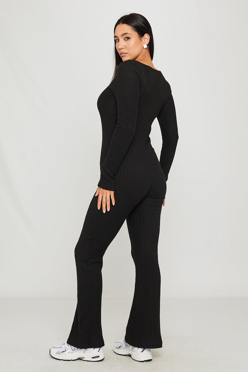 Black Rib Knit Square Neck Long Sleeve Jumpsuit