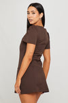 Brown Short Sleeve Pleated Pocket Mini Dress