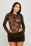 Black Lace Long Sleeve High Leg Bodysuit