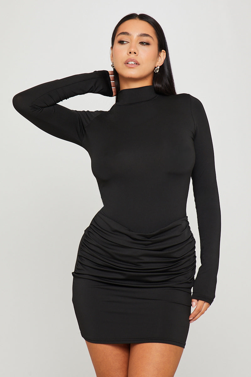 Black High Neck Long Sleeve Draped Mini Dress
