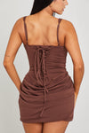 Brown Structured Draped Corset Tie Back Mini Dress