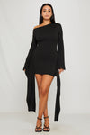 Black One Shoulder Flared Sleeve Draped Mini Dress
