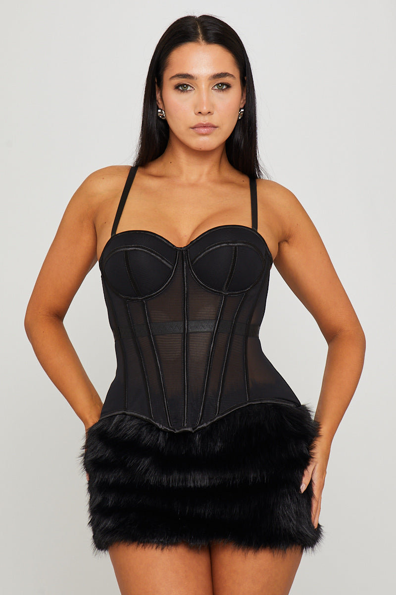 Black Semi Sheer Bustier Boned Corset Top