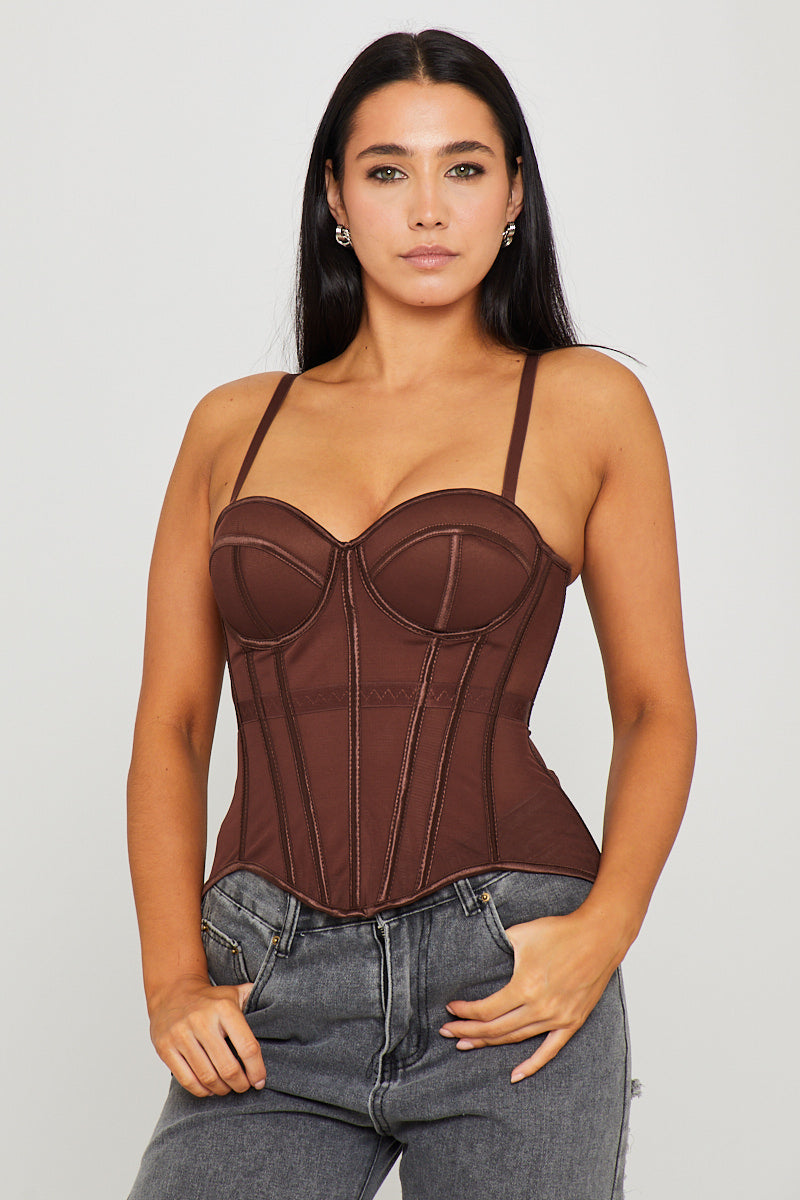 Brown Semi Sheer Bustier Boned Corset Top