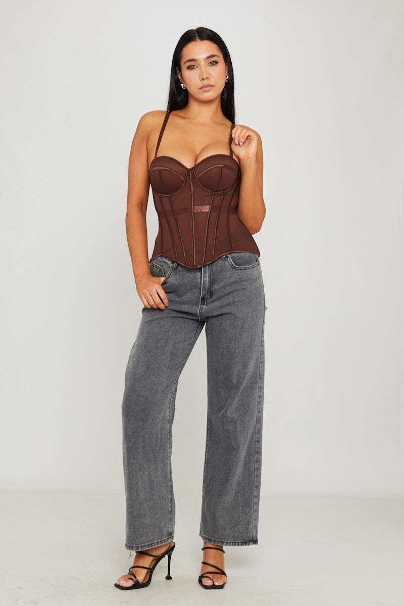 Brown Semi Sheer Bustier Boned Corset Top
