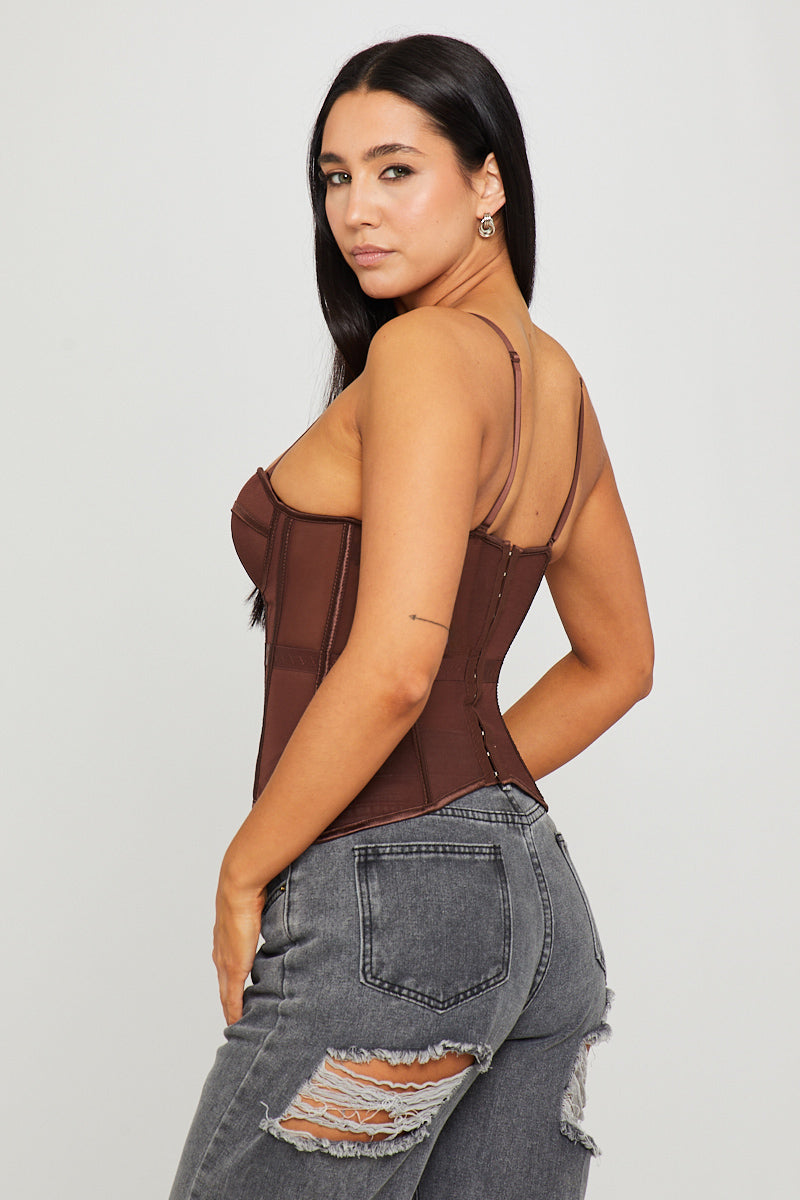 Brown Semi Sheer Bustier Boned Corset Top
