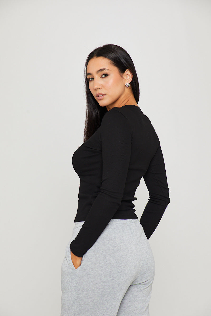 Black Rib Anagram Embroidered Long Sleeve Top