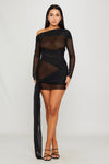 Black Sheer One Shoulder Draped Mini Dress