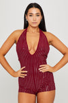 Wine Embellished Halter Neck Plunge Playsuit