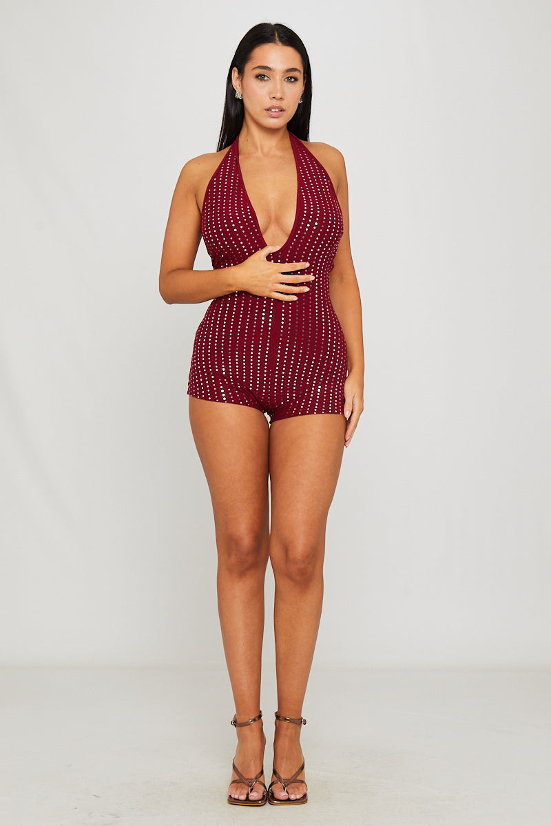 Wine Embellished Halter Neck Plunge Playsuit