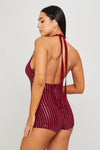 Wine Embellished Halter Neck Plunge Playsuit
