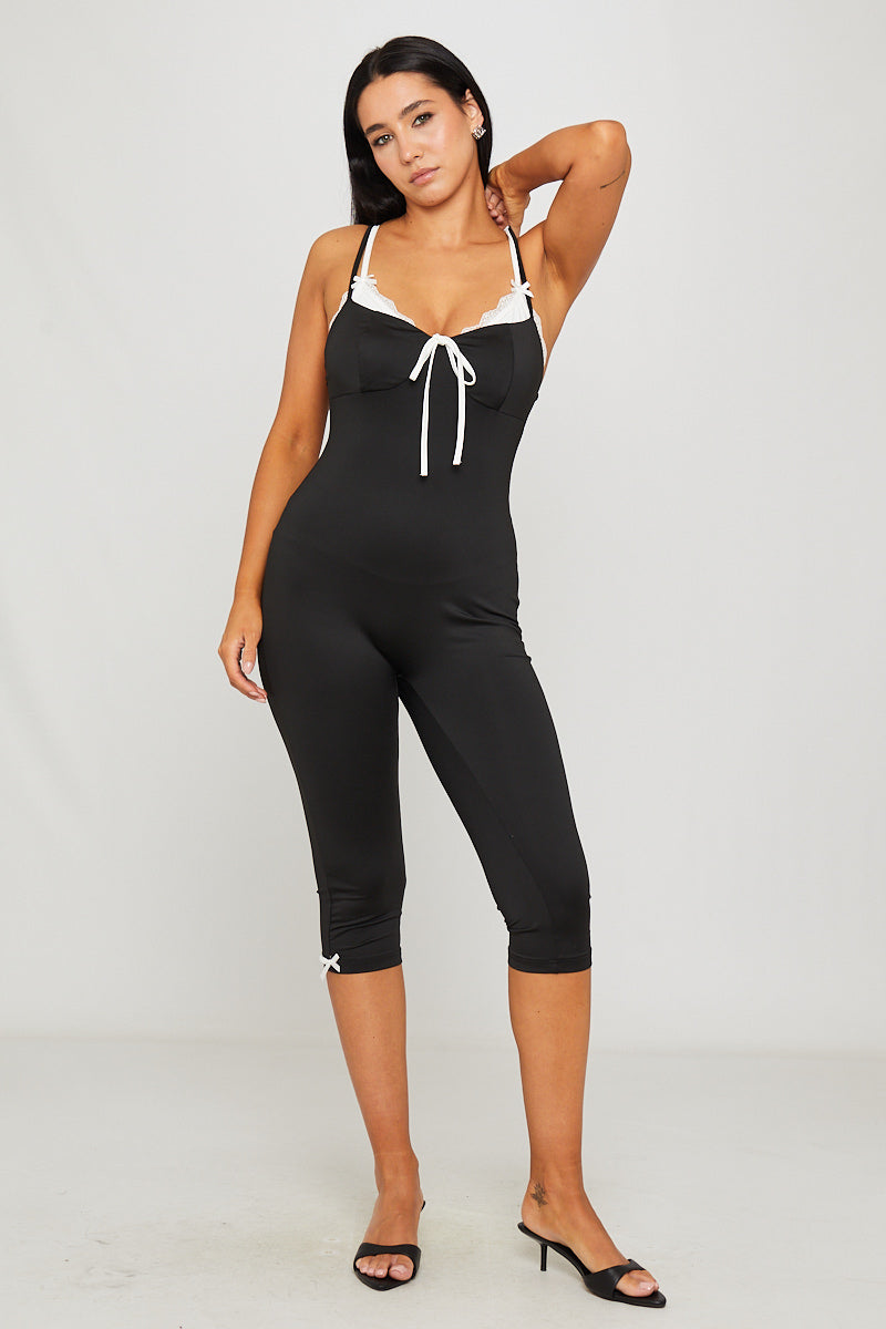 Black Ribbed Tie Front Detail Capri Jumpsuit