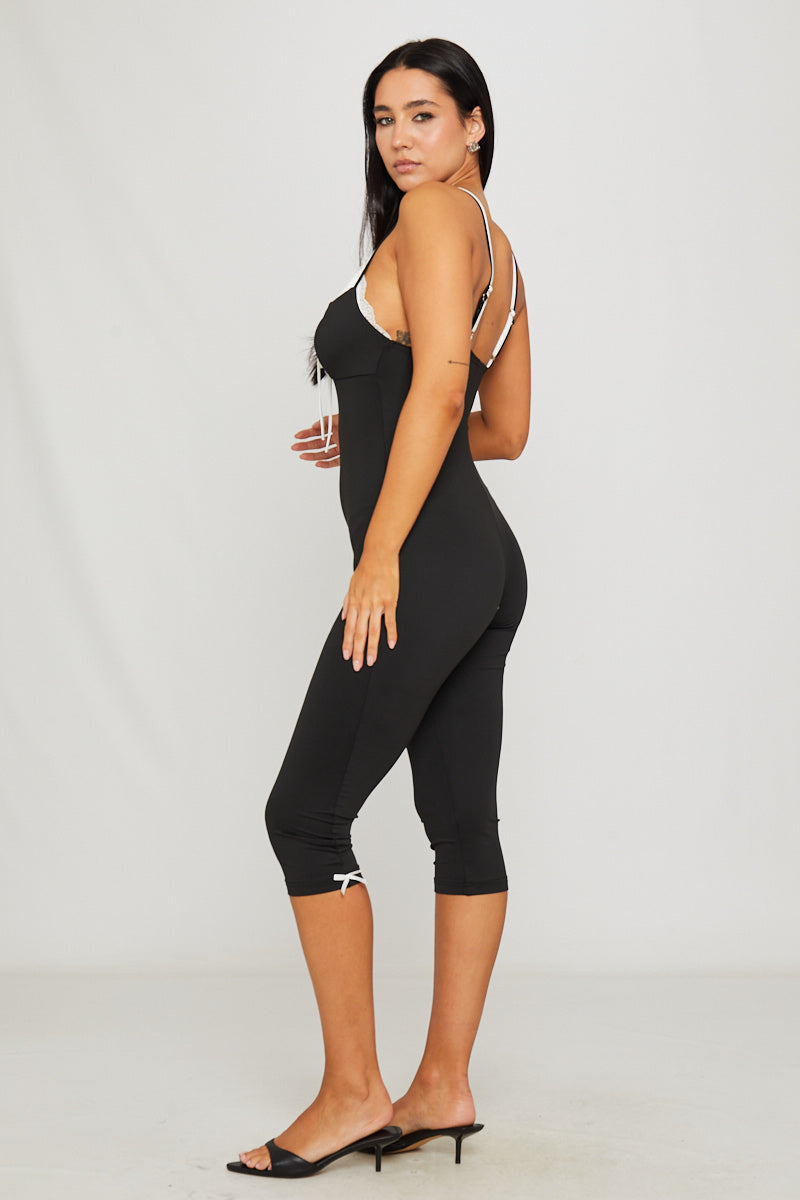 Black Ribbed Tie Front Detail Capri Jumpsuit