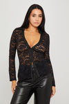 Black Sheer Lace Button Front Long Sleeve Top