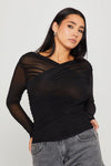 Black Semi Sheer Ruched Long Sleeve Wrap Top