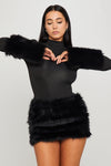 Black High Neck Faux Fur Long Sleeve Bodysuit
