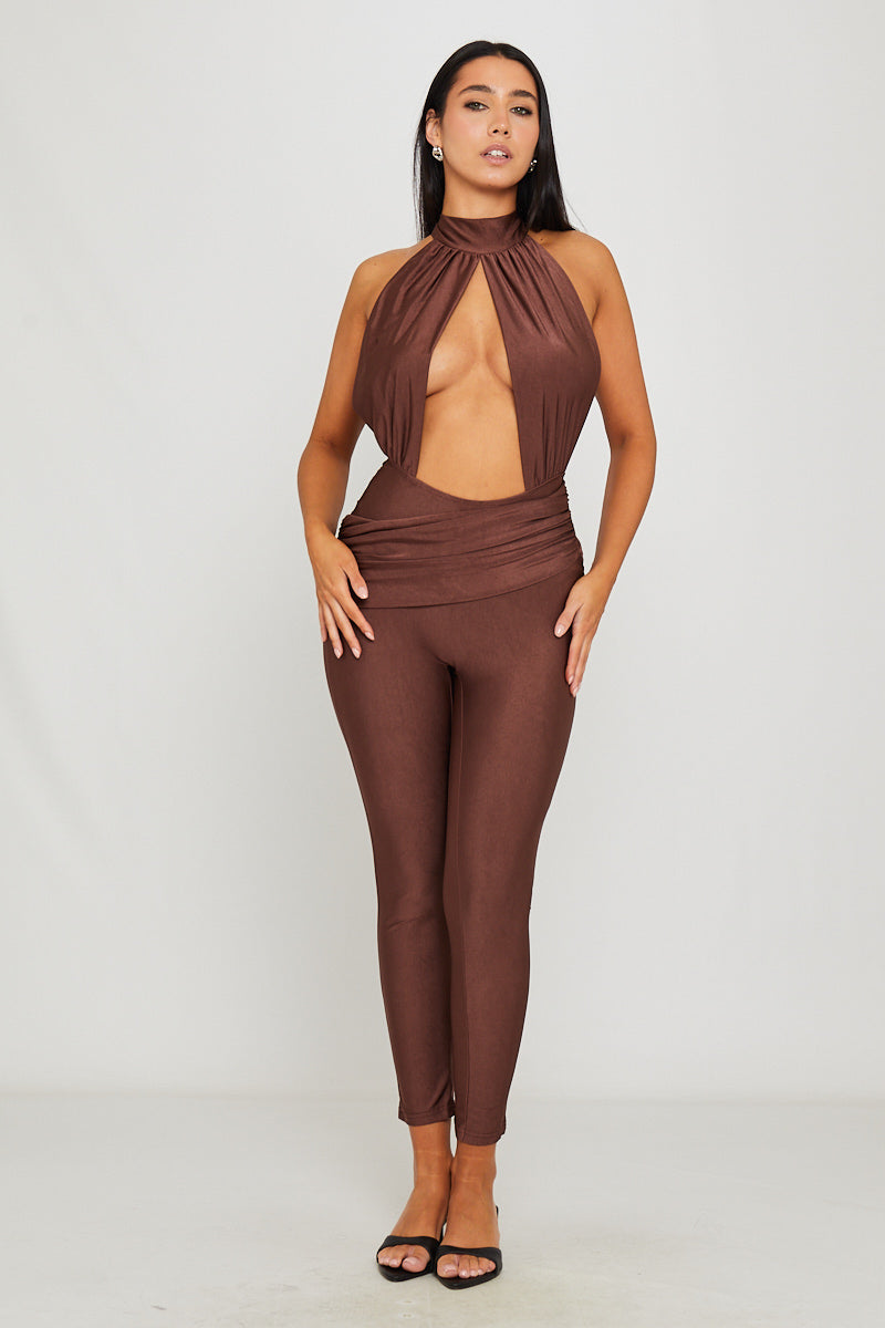 Brown Halter Neck Cut Out Detail Sleeveless Jumpsuit