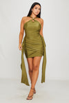 Green Ruched Draped Detail Sleeveless Mini Dress
