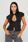 Black Plunge Hook & Eye Detail Cap Sleeve Top