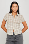 Brown Check Collared Button Front Short Sleeve Shirt