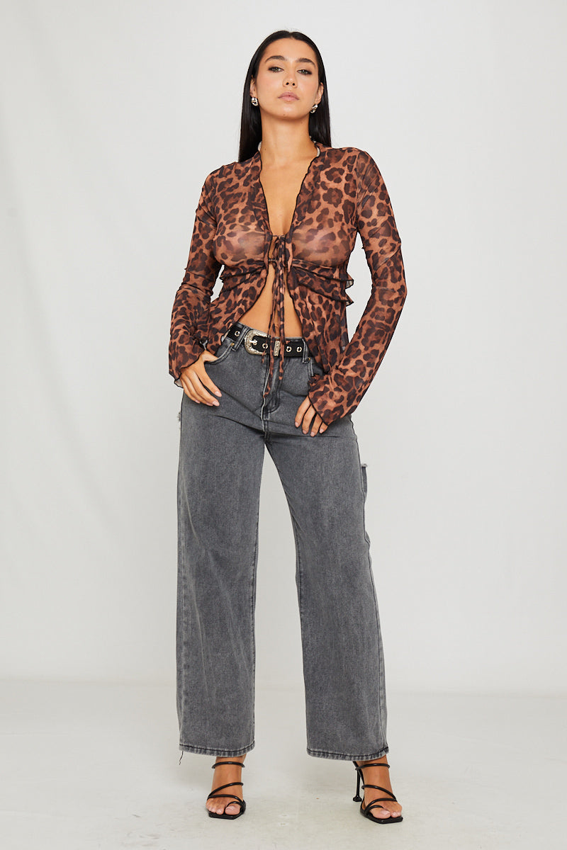Leopard Print Sheer Ruffle Detail Tie Front Top