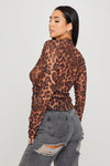 Leopard Print Sheer Ruffle Detail Tie Front Top