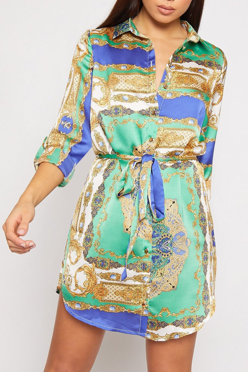 Green Paisley Print Satin Belted Shirt Dress