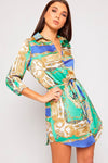 Green Paisley Print Satin Belted Shirt Dress