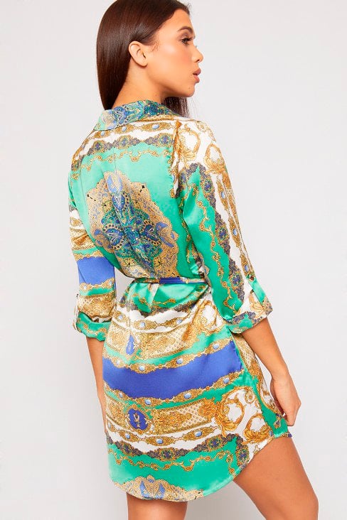 Green Paisley Print Satin Belted Shirt Dress