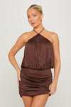 Brown Halter Ruched Bodycon Mini Dress