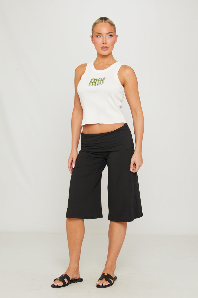 Black Fold Over Wide Leg Capri Leggings