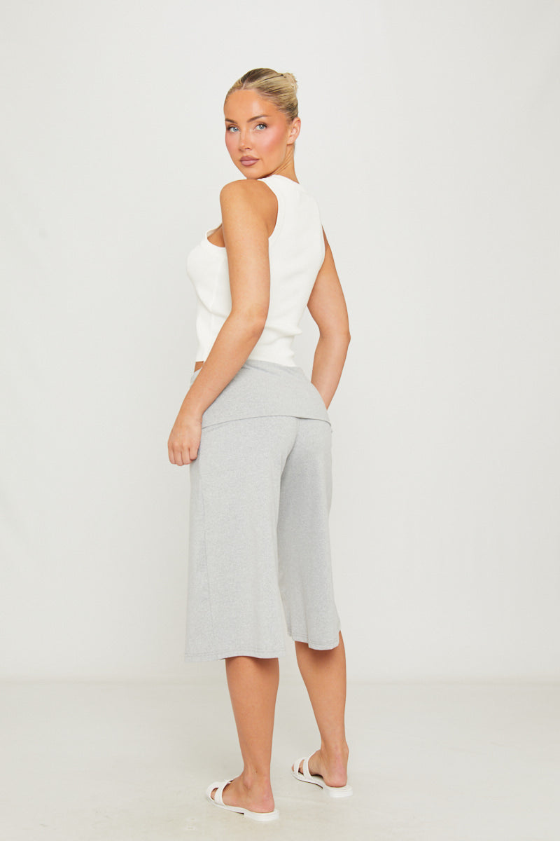 Light Grey Fold Over Wide Leg Capri Leggings