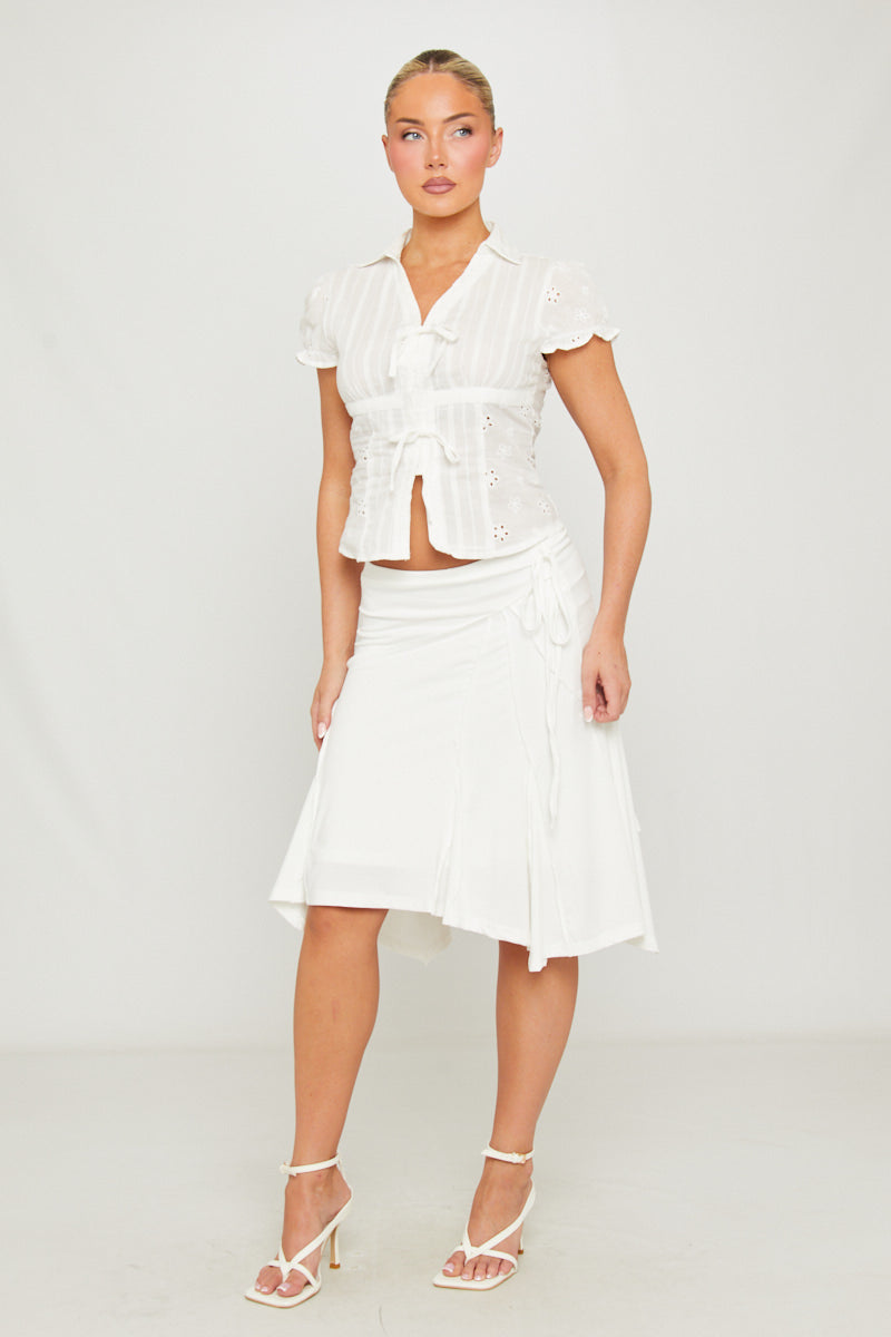 White Asymmetrical Tie Waistband Midi Skirt