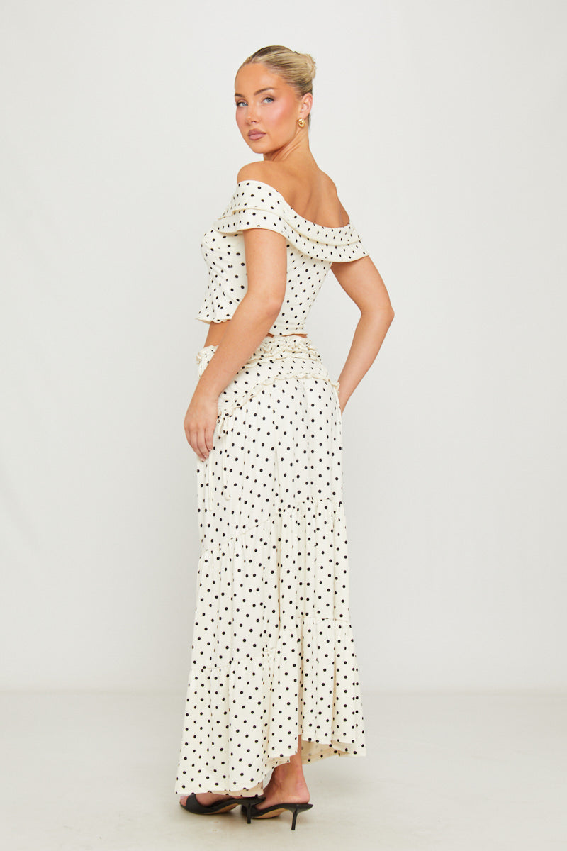 White Polka Dot Off Shoulder Top & Maxi Skirt Co-Ord