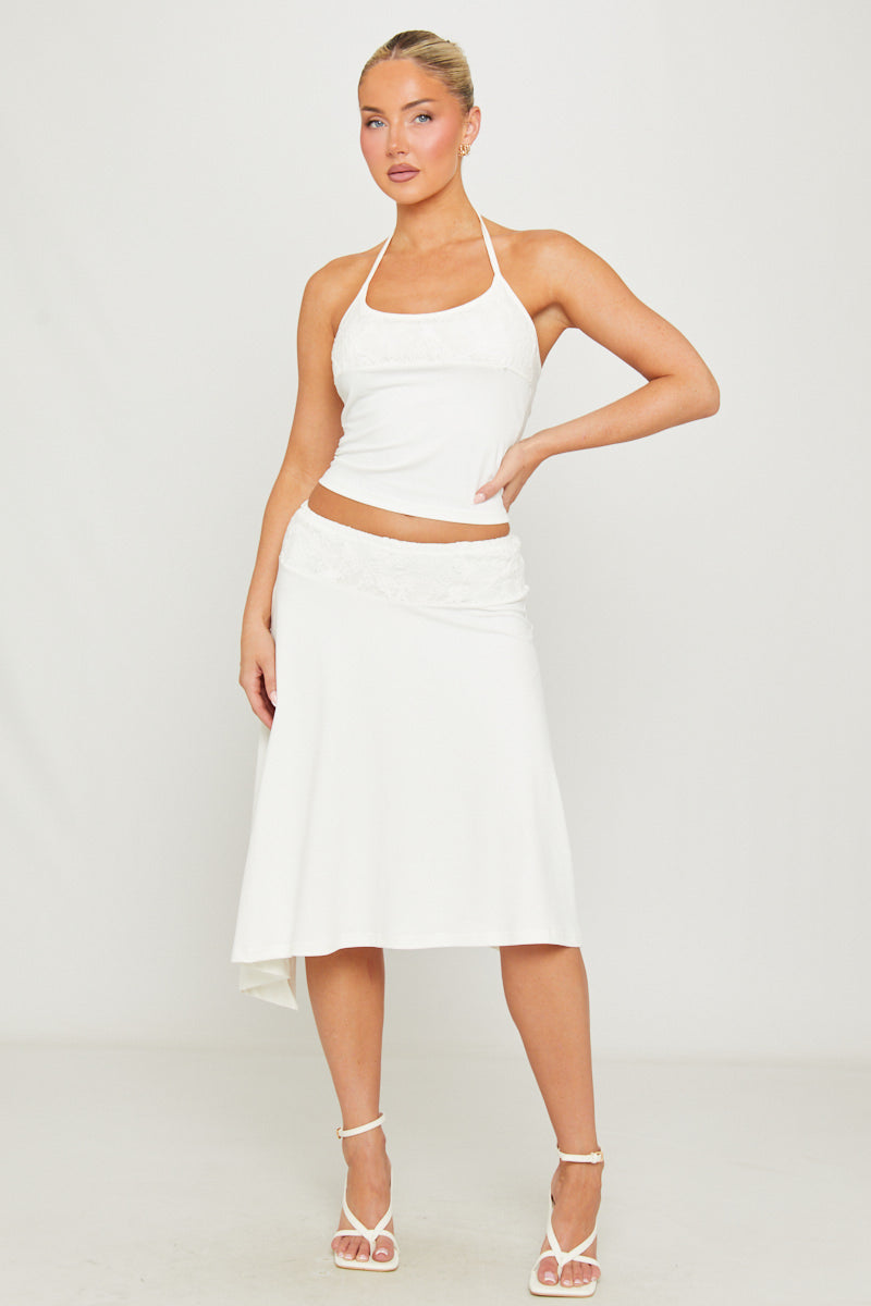 White Lace Embroidered Halter Top & Midi Skirt Co-Ord