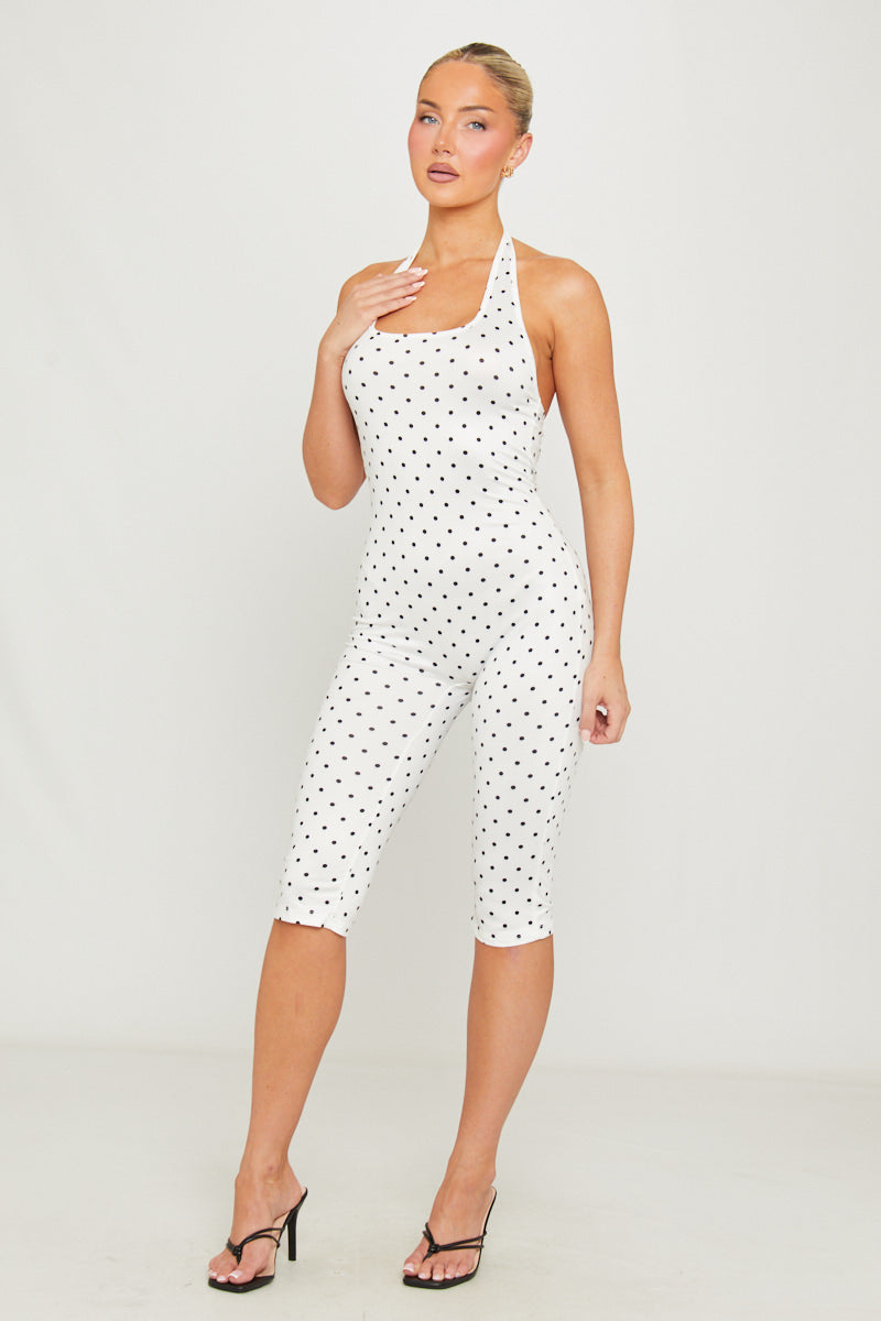 White Polka Dot Halterneck Capri Jumpsuit