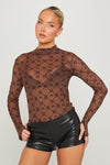 Brown Monogram Print Mesh High Neck Top