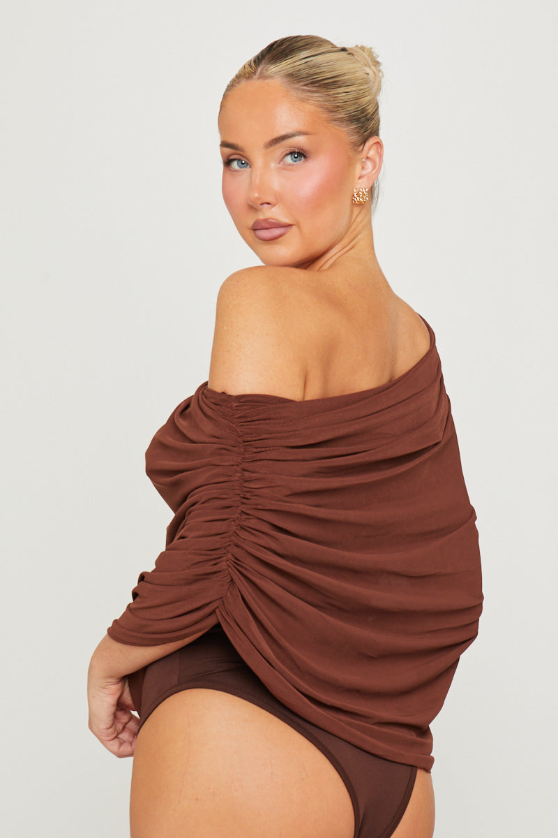 Brown Draped Off Shoulder Bodysuit