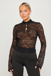 Black Sheer Lace High Neck Keyhole Detail Top