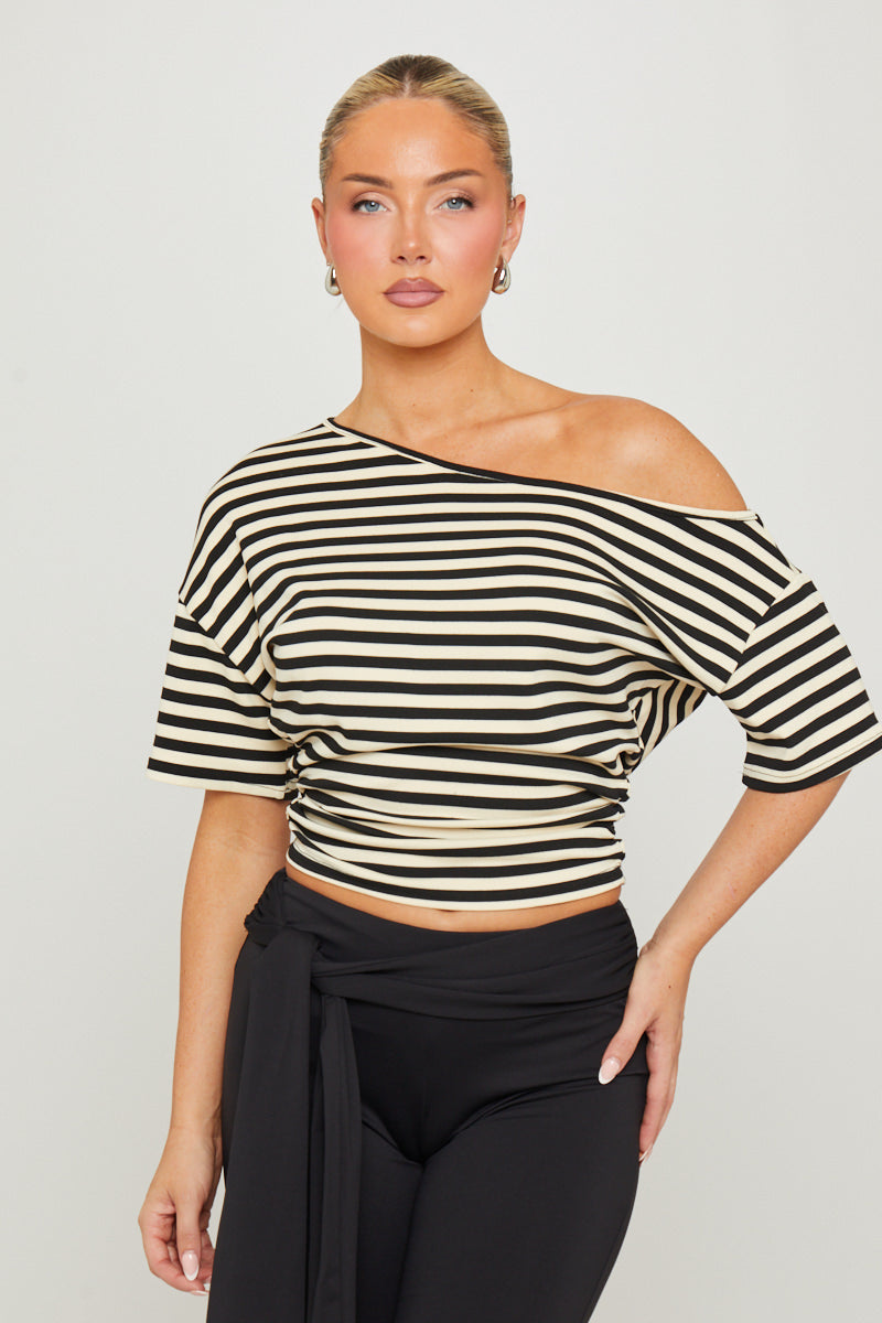 Cream Asymmetric Striped One Shoulder Top