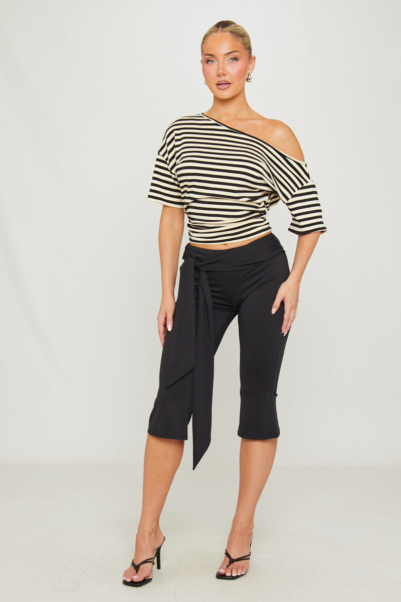 Black Low Waist Tie Detail Capri Pants